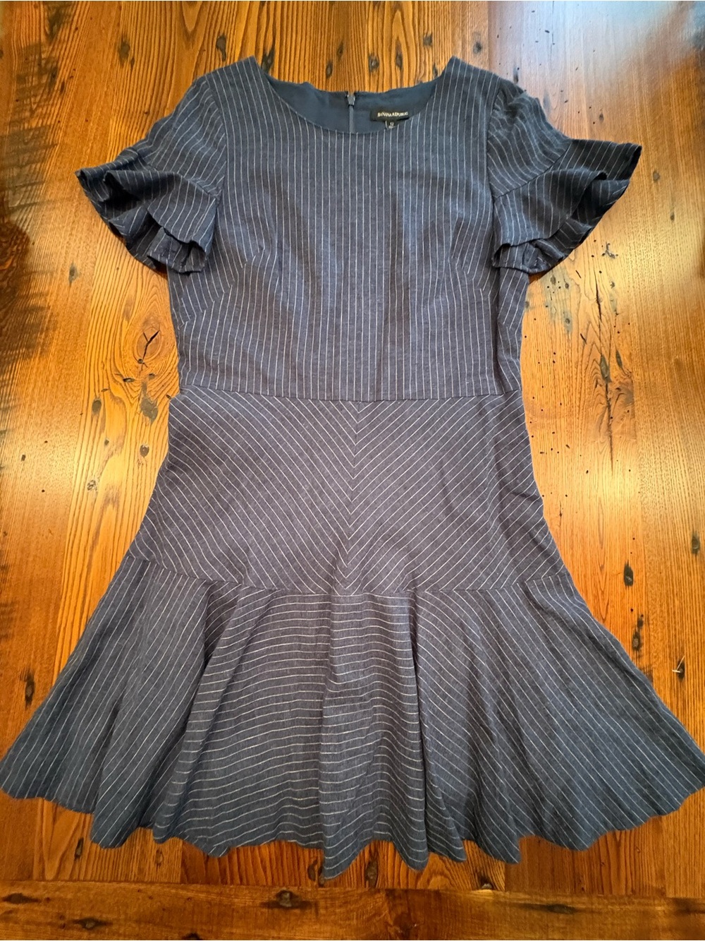 NWT Banana Republic Dress Womens 12 Drop Waist Pinstripe Linen Ruffle  Academia